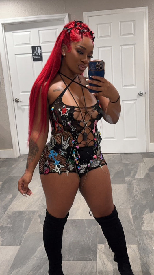 Custom Rockstar Fishnet Romper