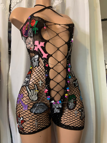 Custom Rockstar Fishnet Romper