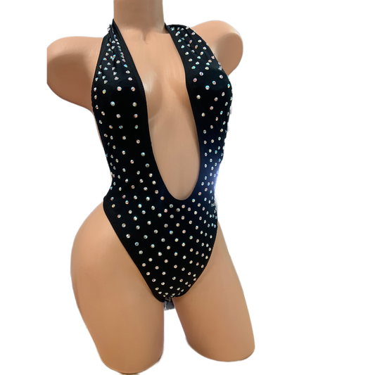 Shining Rhinestone Thong Bodysuit