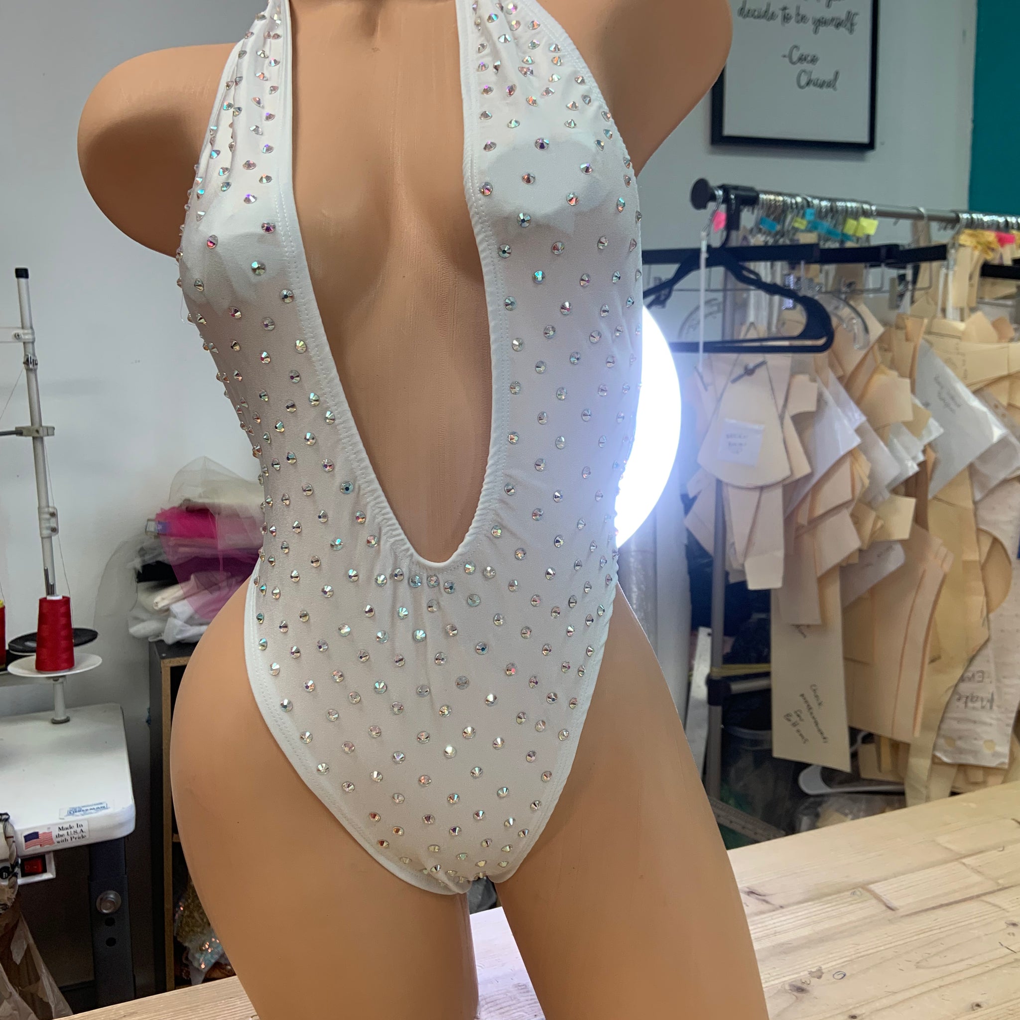 Shining Rhinestone Thong Bodysuit