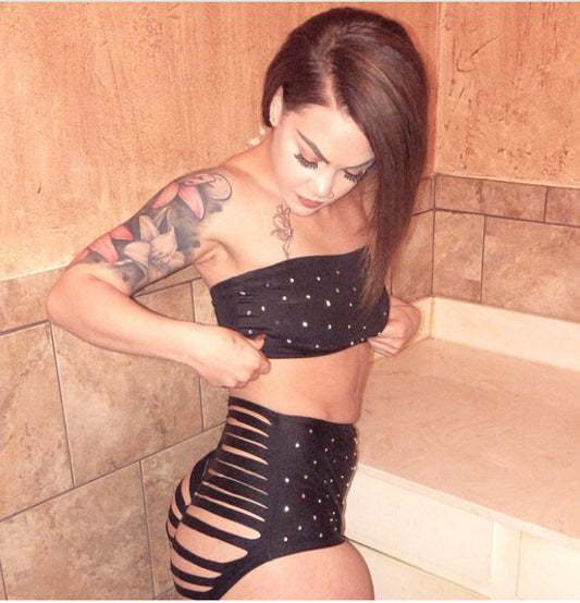 Jada Rhinestone Bandeau Top with Shredded High Waist Shorts - Highwaist Sets - Exotic Dancewear - Bottle Girl Outfits - Stripper Outfits - Attitude Behavior