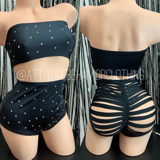 Jada Rhinestone Bandeau Top with Shredded High Waist Shorts - Highwaist Sets - Exotic Dancewear - Bottle Girl Outfits - Stripper Outfits - Attitude Behavior